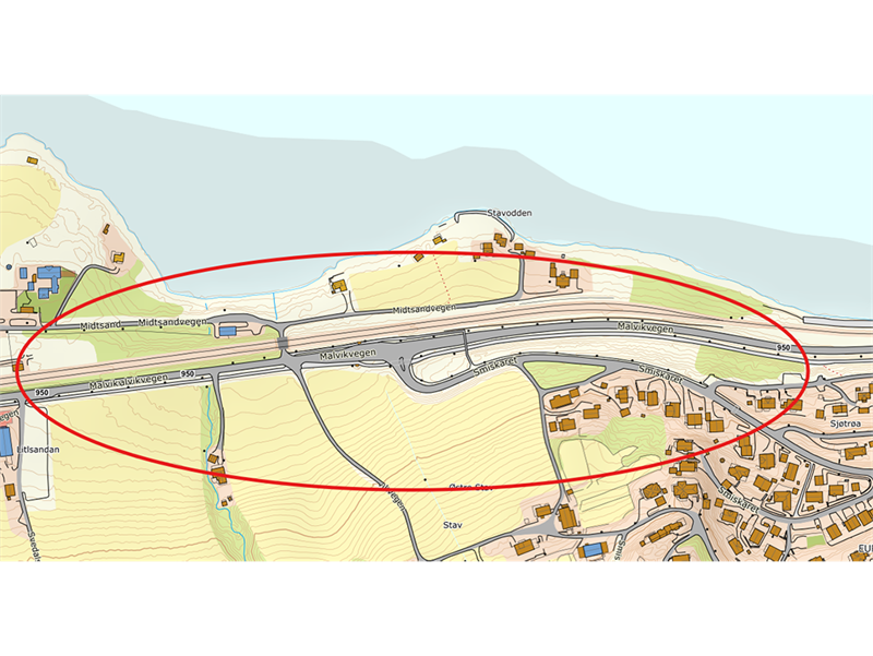 Kart som viser hvor veilysene som skal utbedres ligger. Kartgrafikk
