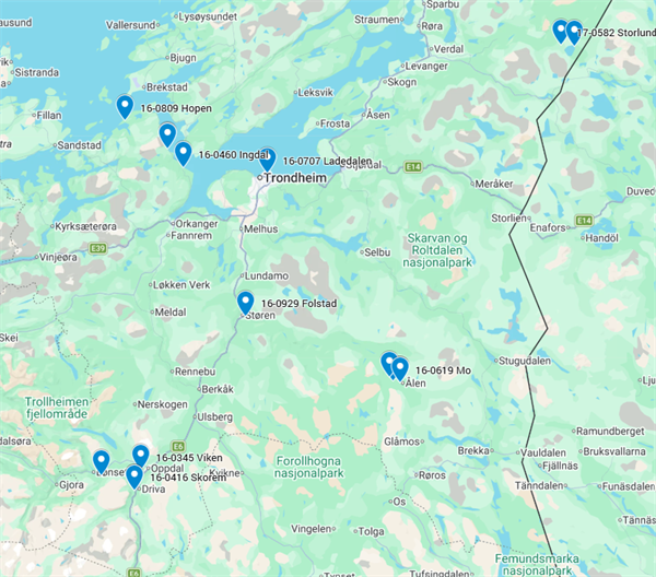 Kart over bruer som skal bli stengt eller delvis stengt mellom 12. oktober til 16. oktober.