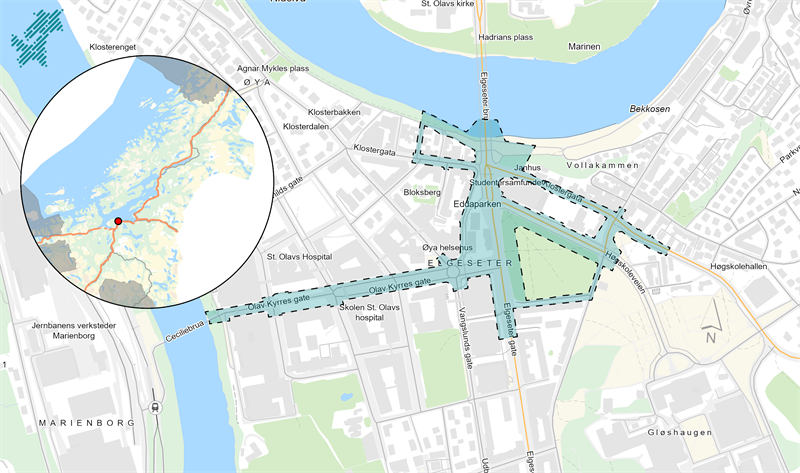 Bildet viser et kart over plasseringen av prosjektet fv 6690 Elgesetergate nord