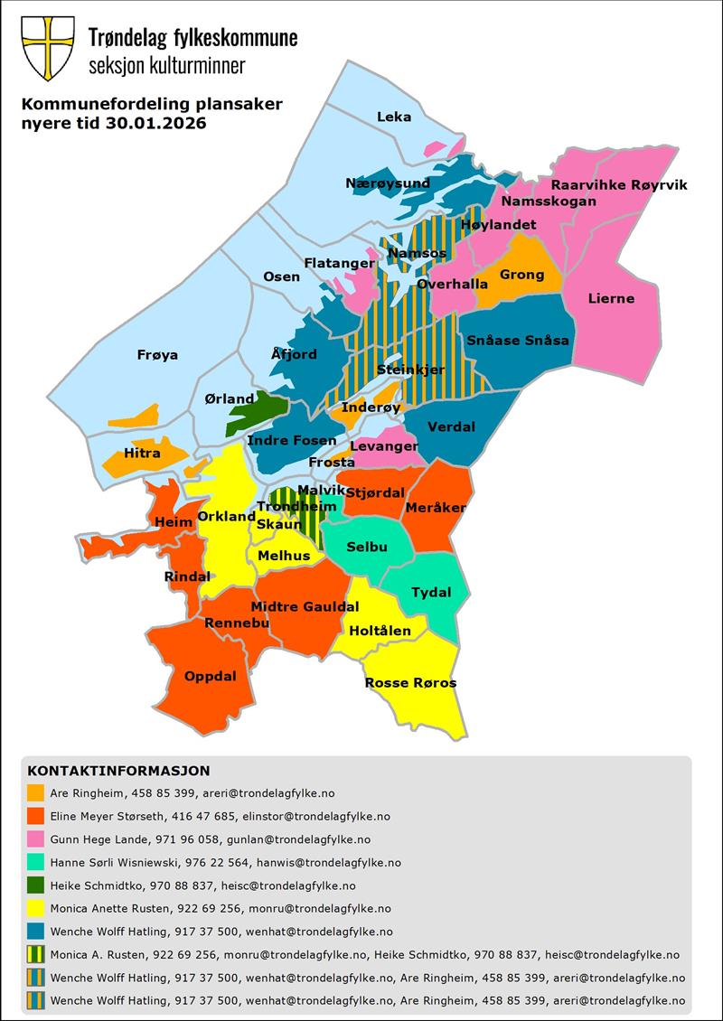 Kommunekart over Trøndelag med fordeling av oppgaver og ansvar på kommuner nyere tids kulturminner