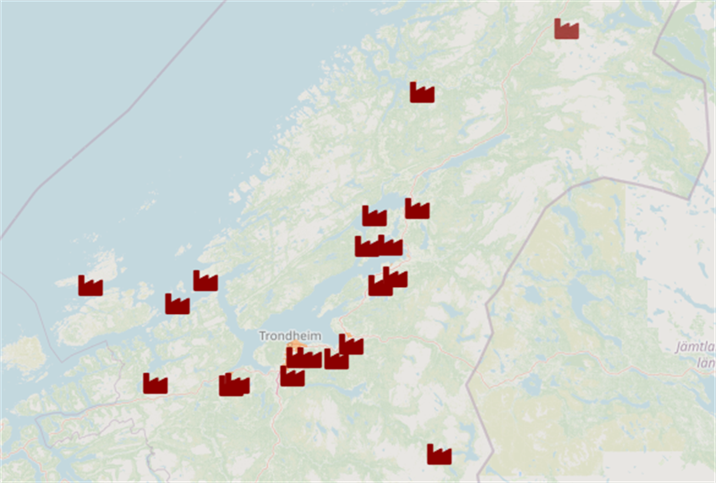 Kartet som viser hvor det er tilgjengelig overskuddsvarme i Trøndelag. Informasjonen er henta fra trondelagitall.no/statistikk/overskuddsvarme.