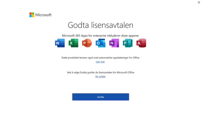 Skjermbilde. Godta lisensavtalen