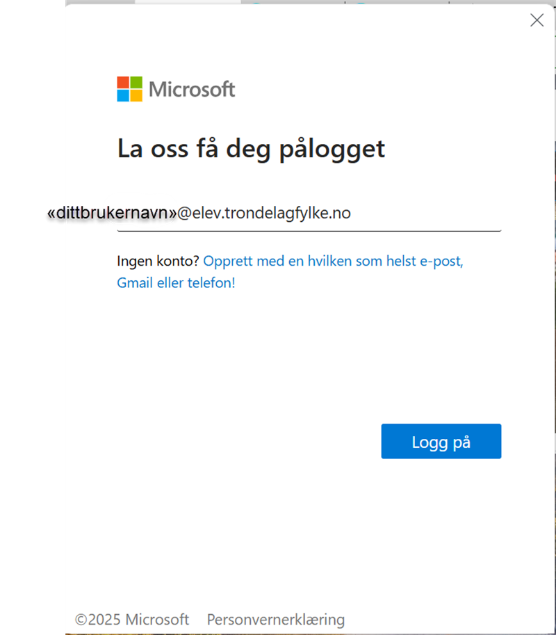 Skjermbilde som viser pålogging med elevbruker til Microsoft